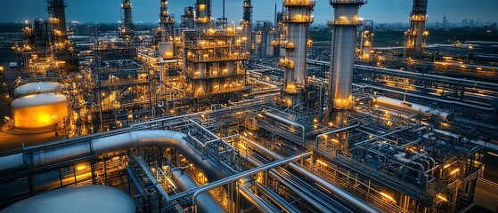 Fototapeta premium Largescale oil refinery with steel pipelines and storage tanks, illustrating the industrial and petrochemical aspects of the refinery