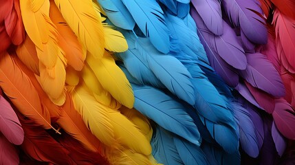 Obraz premium A symphony of colors created by the delicate arrangement of feathers, each hue blending seamlessly into the next, forming a captivating visual tapestry.