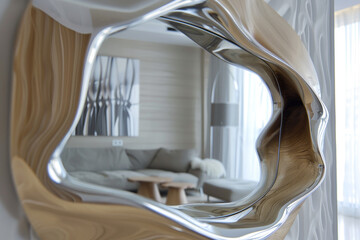 A large mirror with a wooden frame and a silver frame