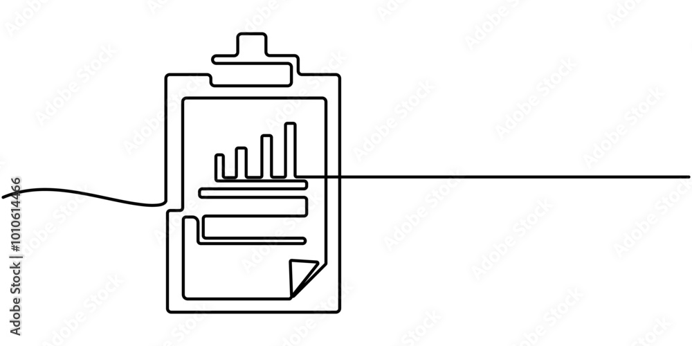 Poster continuous line drawing of clipboard. growth graph icon business, bar chart, object one line, single