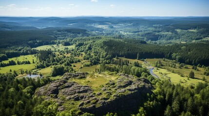 Obraz premium An Aerial View of a Winding River Through a Forest with a Rocky Outcrop and a Small Pond
