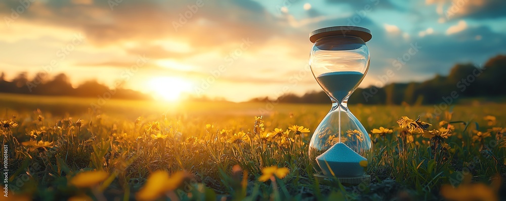 Poster serene slow life background with an hourglass and a peaceful field, providing copy space for reflect