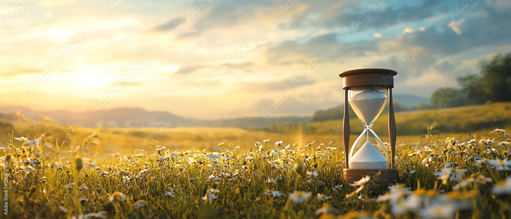 Poster slow life background with copy space, featuring a serene field and an hourglass symbolizing the pass