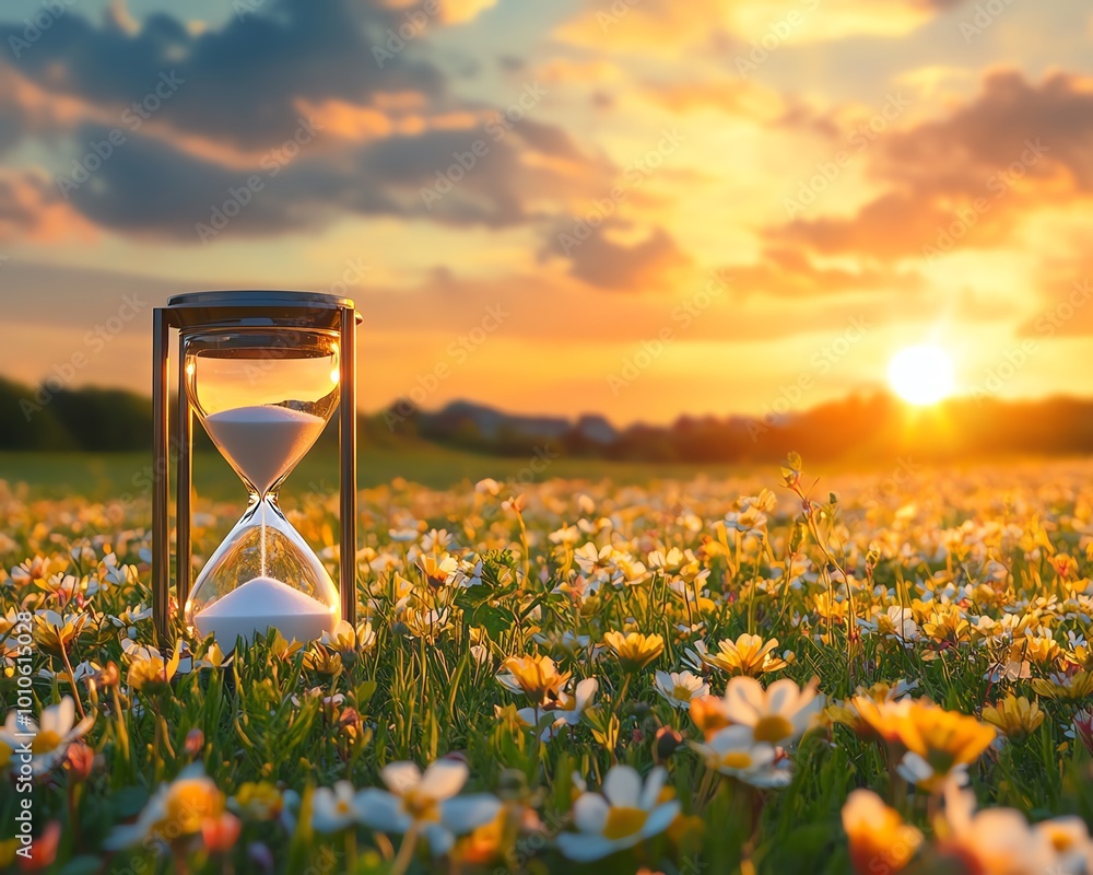 Aufkleber slow life theme background featuring a calm field and hourglass, with clear copy space for adding in