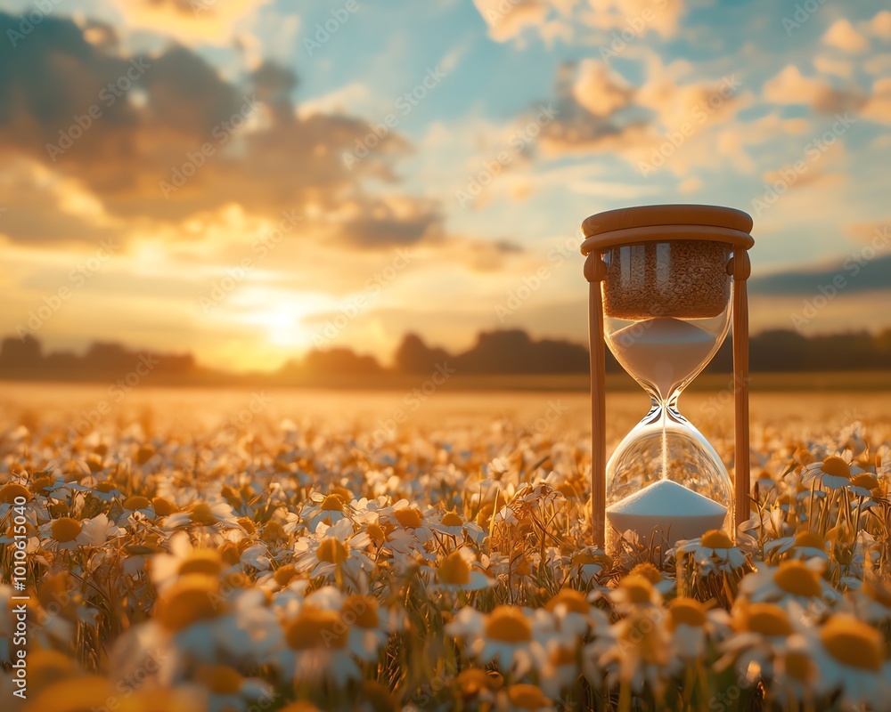 Poster slow life theme background featuring a calm field and hourglass, with clear copy space for adding in