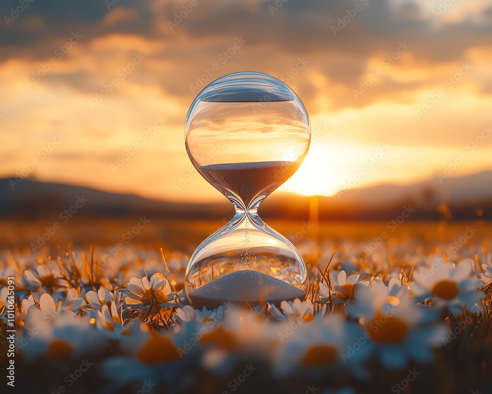 Poster slow life theme background featuring a calm field and hourglass, with clear copy space for adding in