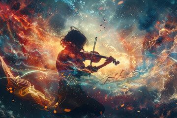 Fototapeta premium A person playing a violin in a colorful, swirling galaxy