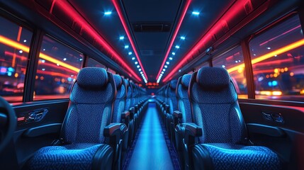 Fototapeta premium Modern Bus Interior with Empty Seats and Night City Lights