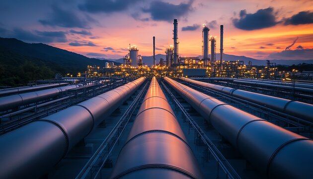 Steel pipelines and storage tanks of an oil refinery in an industrial zone, highlighting the scale and functionality of the petrochemical industry