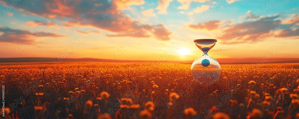 Poster Tranquil field scene and hourglass, creating a slow life background with ample copy space for reflections on time and peace