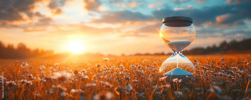 Poster tranquil field scene and hourglass, creating a slow life background with ample copy space for reflec
