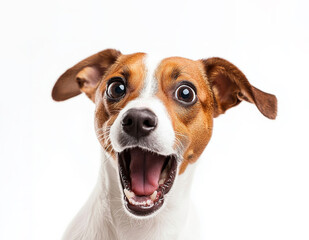 Cute dog acting surprised or scared and has his mouth and eyes wide open, white background.