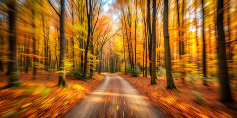A Winding Road Through a Blurry Forest of Autumnal Colors, A Whirlwind of Crimson, Gold, and Amber Hues