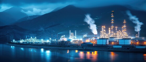 Fototapeta premium Wide Angle View of Industrial Landscape at Dusk