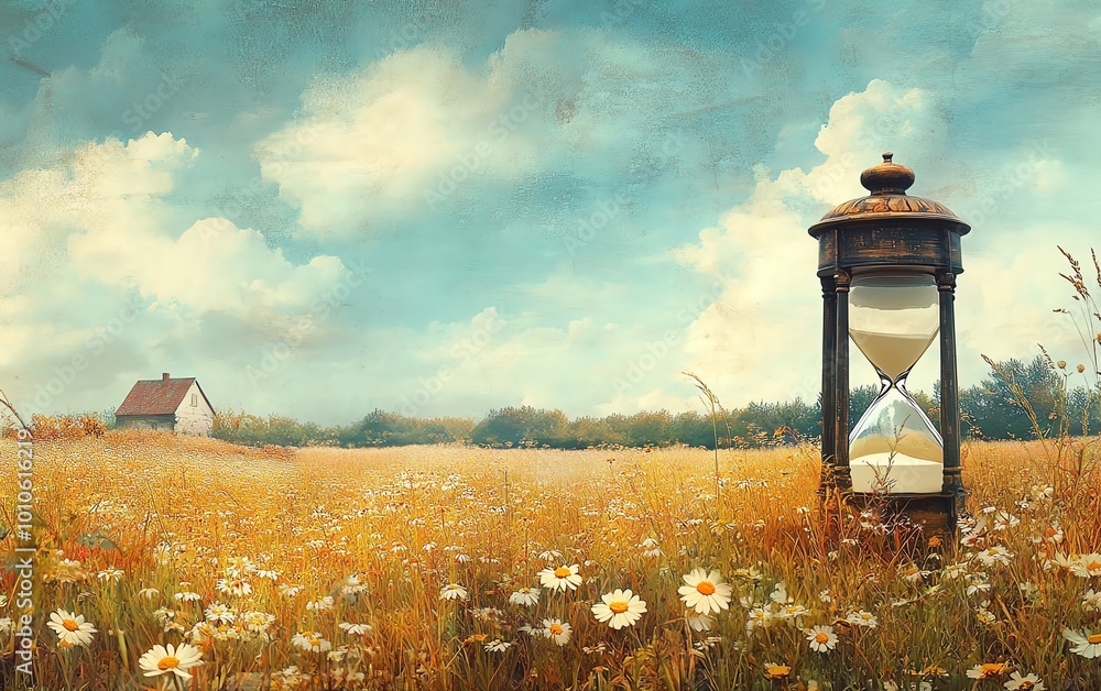Poster background depicting slow life with a tranquil field and hourglass, offering copy space for thoughtf