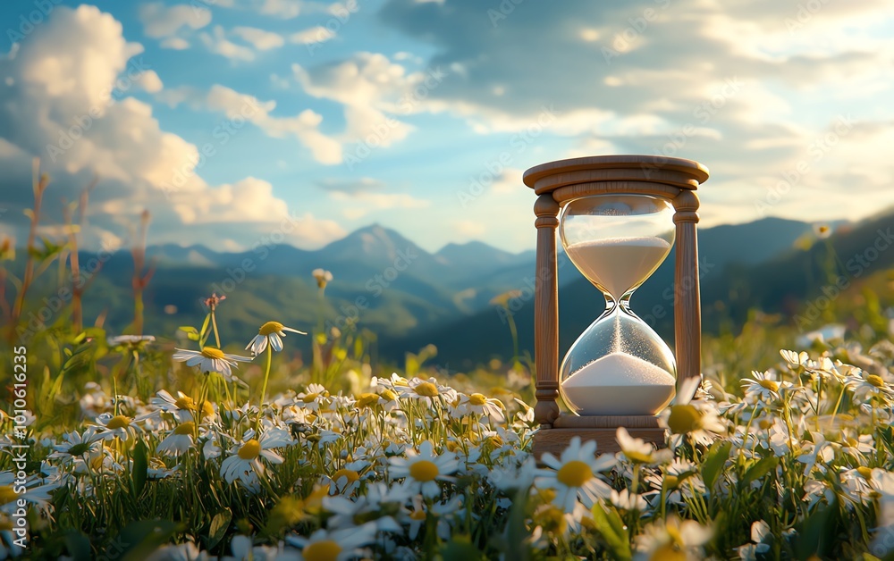 Poster Background depicting slow life with a tranquil field and hourglass, offering copy space for thoughtful or calming messages