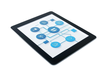 Digital tablet displaying various technology icons on a white background.