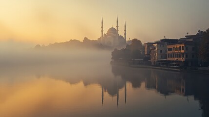 Naklejka premium A serene sunrise view of a mosque reflected in calm waters, enveloped in morning mist.
