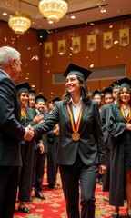 Obraz premium Smiling Indian Woman Graduate Receiving Diploma and Shaking Hands with Professor