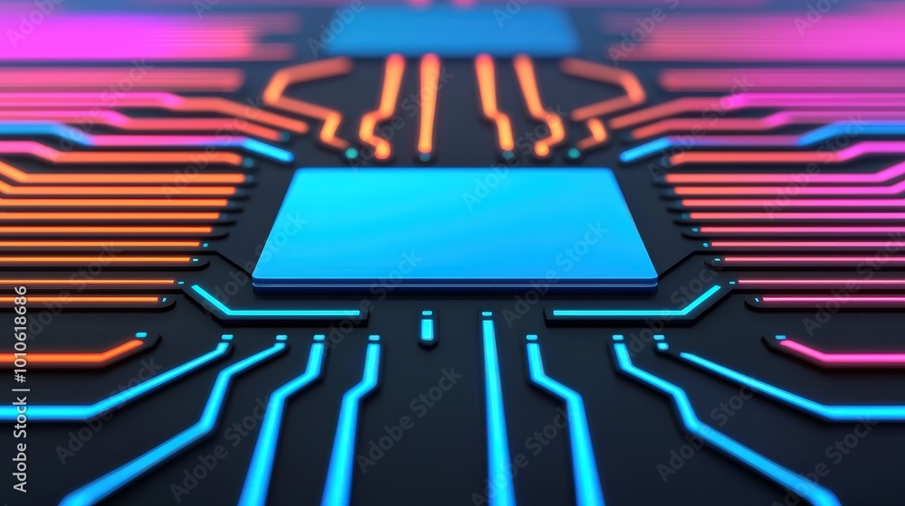 Poster abstract futuristic circuit board with glowing neon lines and copy space