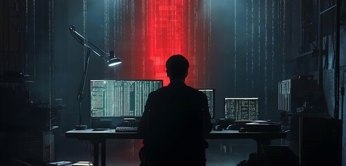 Cyber attacker in a dimly lit room launches digital infrastructure ransomware.
