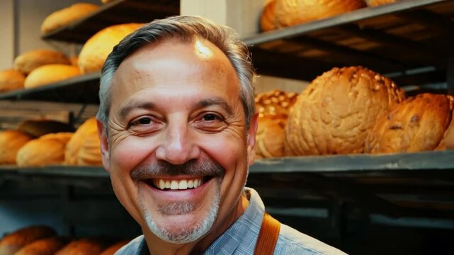 A middle-aged male baker holds fresh baguettes, smiling warmly while standing in front of his bakery. The well-lit display of bread and baked goods behind him reflects his expertise in baking and his 