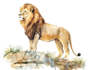 Obraz premium Watercolor of The lion stood gracefully on the cliff.