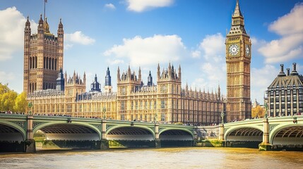 Naklejka premium A view of the Houses of Parliament, Big Ben and the River Thames in London, England.