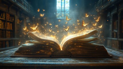 Magical Open Book with Glowing Butterflies Generative AI