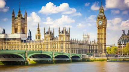 Obraz premium A picturesque view of the Houses of Parliament, Big Ben, and the Thames River in London, England.
