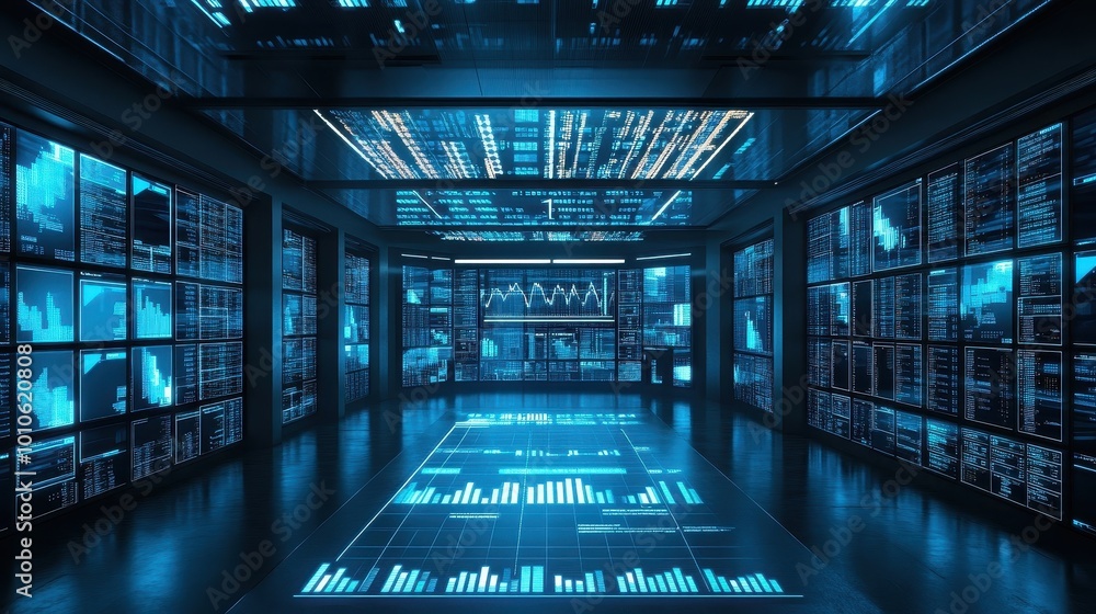 Poster futuristic data center: illuminated server racks and digital displays