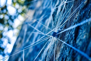 Abstract Blue Network Web Structure on Stone Wall