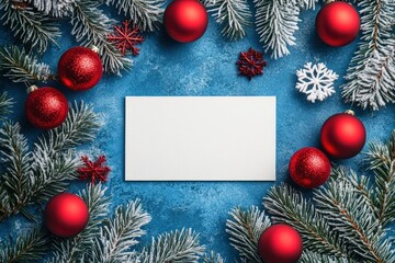 in the center there is a white rectangle, around the rectangle there are blue spruce branches, New Year's red balls, snowflakes, blue light background, beautiful vector illustration,with generative ai