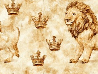 Seamless pattern of a vintage illustration of lions and crowns on a textured background in warm tones.