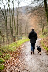 Fototapeta premium Person with two dogs walking down a winding path. The dogs are happily sniffing around