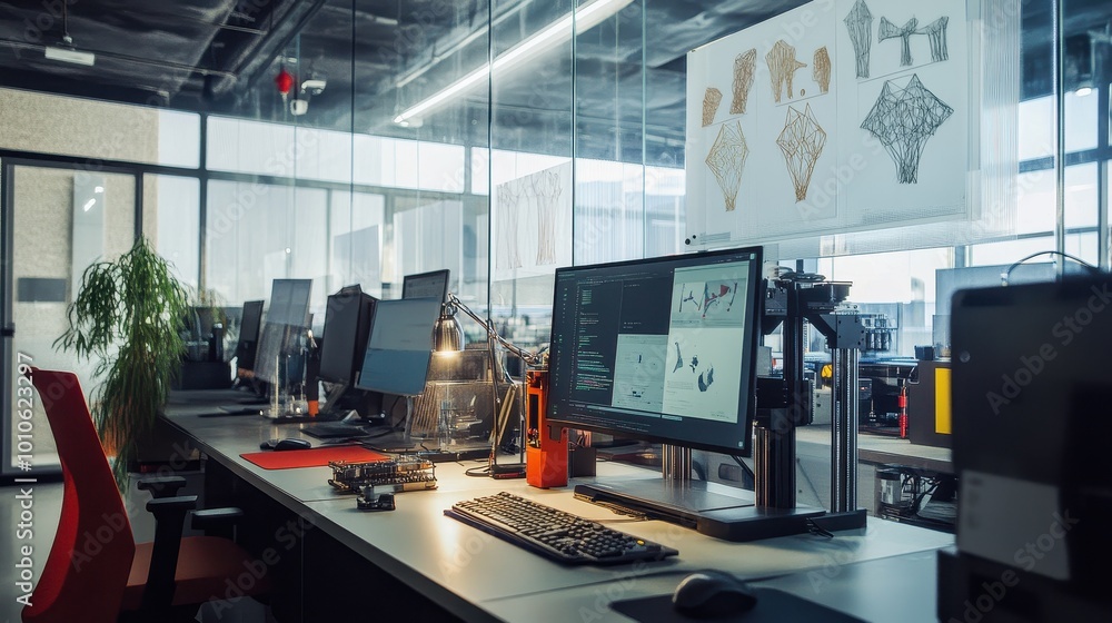 Poster modern technology design studio with computers and artwork