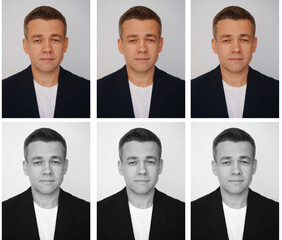 set of man's portraits black and white and colored photos for documents. Selecting and processing photos in a photo editor.