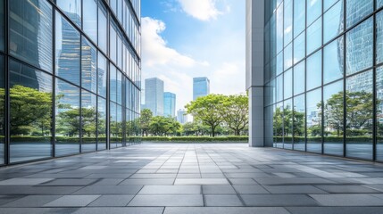 Fototapeta premium Empty tiled walkway between two modern glass buildings with a city skyline reflected in the windows, against a blue sky with white clouds.