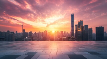 Empty square floor with modern cityscape and dramatic sunset skyline.