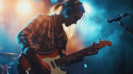 Obraz premium Female Musician Playing Electric Guitar on Stage