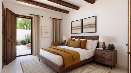 Fototapeta premium Cozy Rustic Bedroom Interior Design with Exposed Beams and Patio View