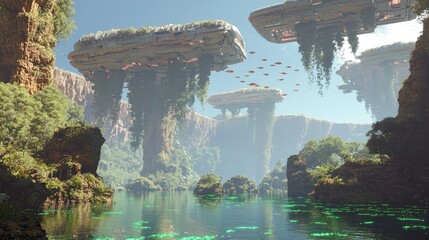 Unveiling the Enchanting World of an Advanced Alien Civilization: Serene Alien Lake with Luminescent Fish in Hyperrealistic 3D Rendering