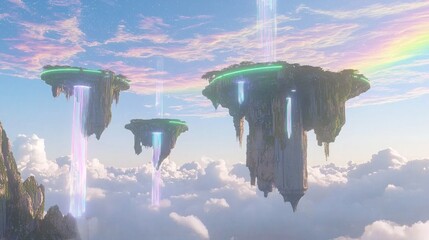 Futuristic Hyperrealistic 3D Rendering of Dynamic Alien Civilization with Vibrant Rainbow Sky