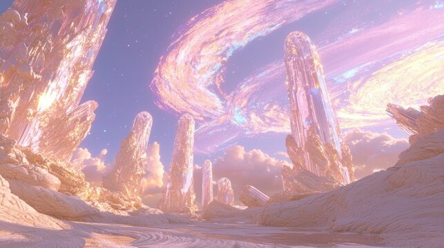 Futuristic Alien World with Towering Crystalline Structures and Colorful Skies in 3D Rendering