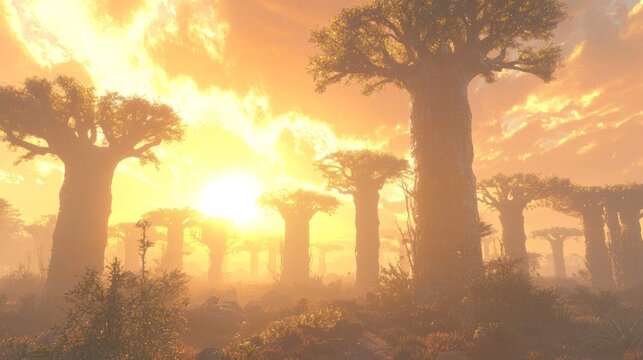 Hyperrealistic 3D Rendering of Advanced Alien Civilization in Epic Vibrant Alien Savanna with Unique Fauna and Giant Baobab-Like Trees at Sunset
