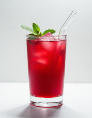 A glass of cocktail juice with a slice of ice in glass , white background
