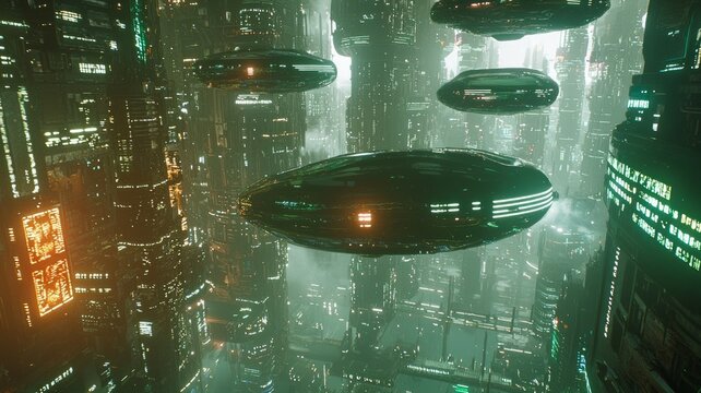 Futuristic Alien Metropolis Night Scenery with Neon Lights and Advanced Technology in 3D Rendering