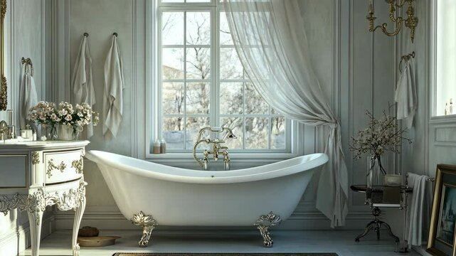 A luxurious clawfoot bathtub sits in a beautifully appointed bathroom, ready for a relaxing soak