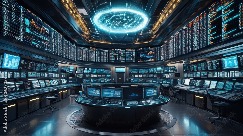 Poster futuristic command center: cutting-edge technology, complex data visualization
