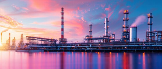 Fototapeta premium Oil Refinery at Dusk with Water Reflection
